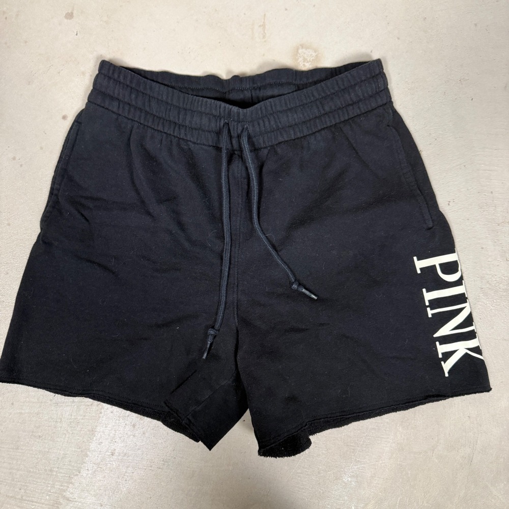 Victoria's Secret PINK Womens Black Fleece Logo Sweat Shorts Small Drawstring
